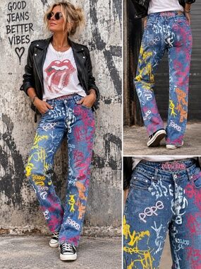RARE Vintage Y2K Pepe Jeans London UK73 Graffiti Print Bootcut Jeans Size 29